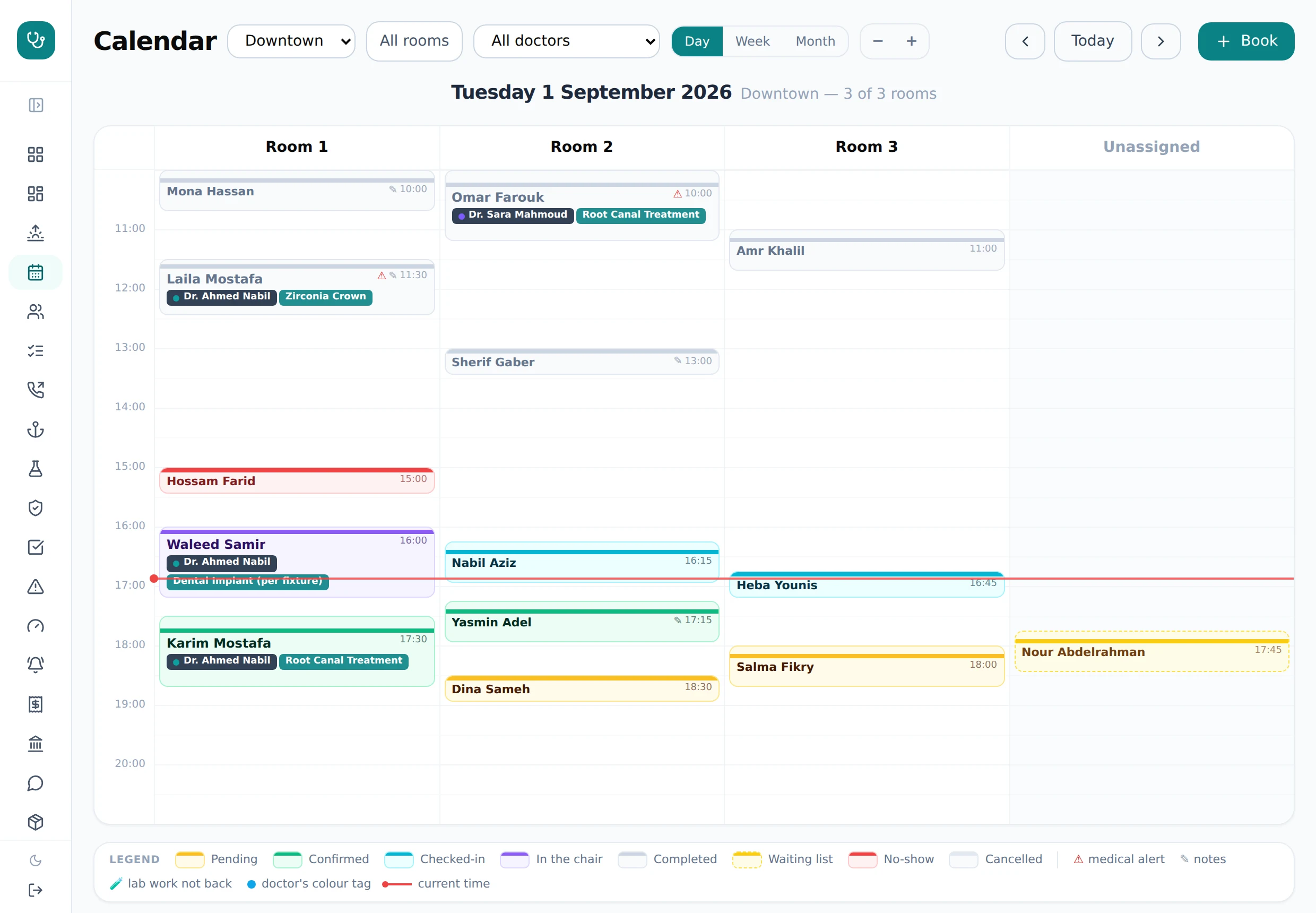 DentaFlow calendar — day view across three rooms with color-coded appointment statuses