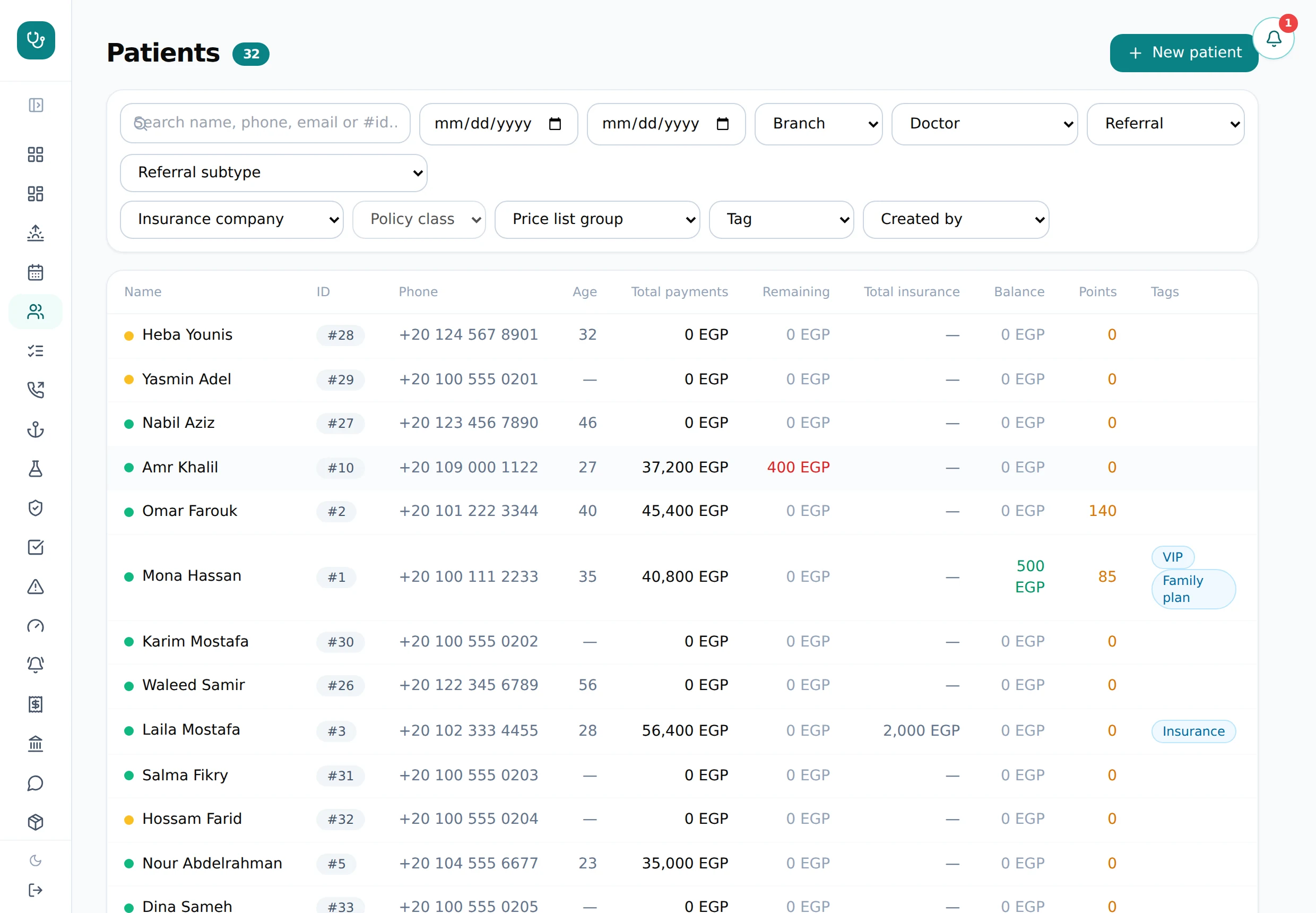 DentaFlow patients grid — searchable list with payments, balances, insurance and tags